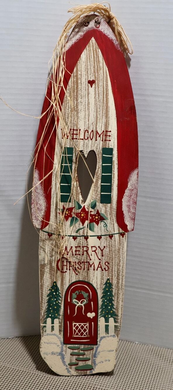 Christmas Wood Handpainted Wall Hanging Plaque Decor Signed Vintage 90s 22 inch